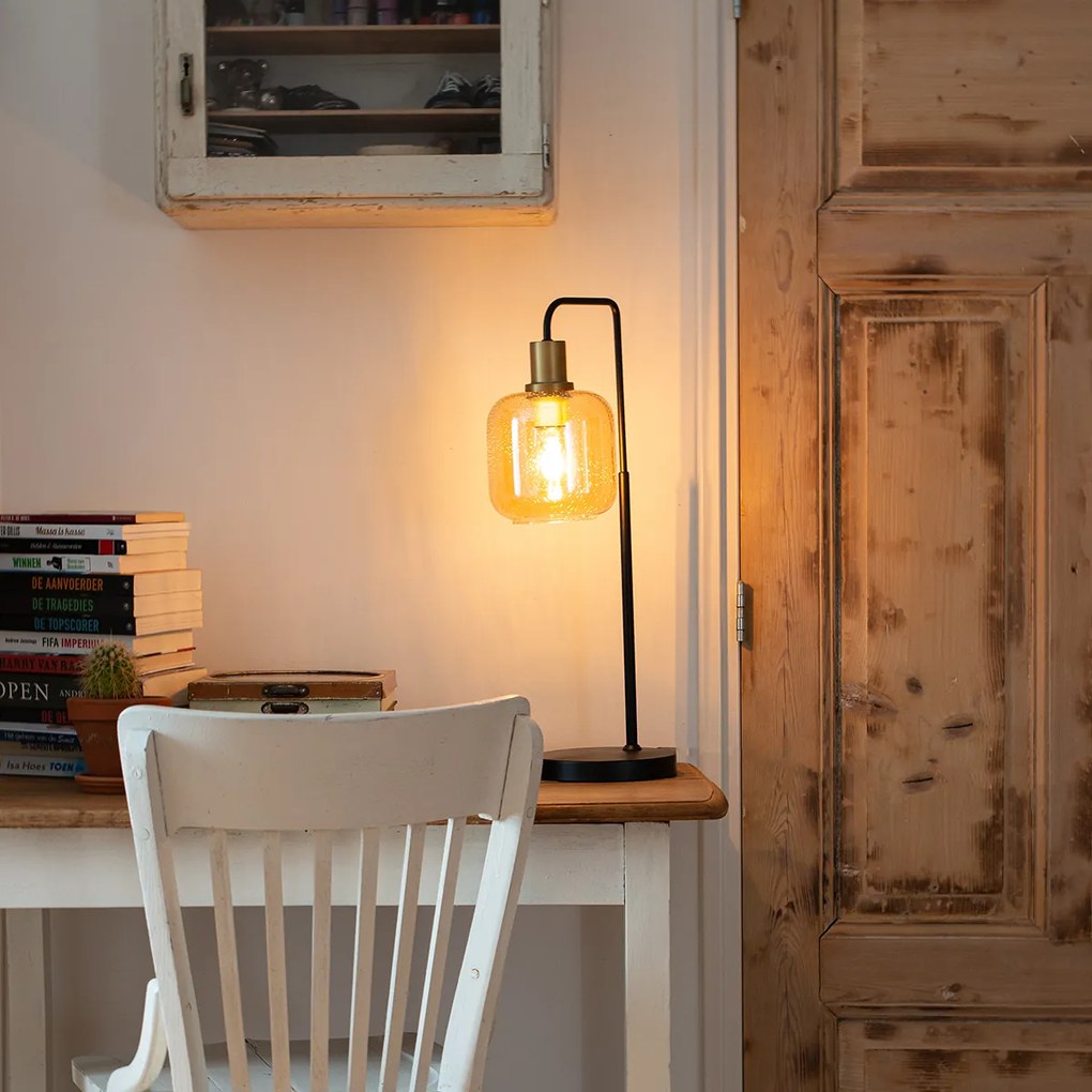 Lampă de masă de design neagră cu alamă și sticlă ambră - Zuzanna