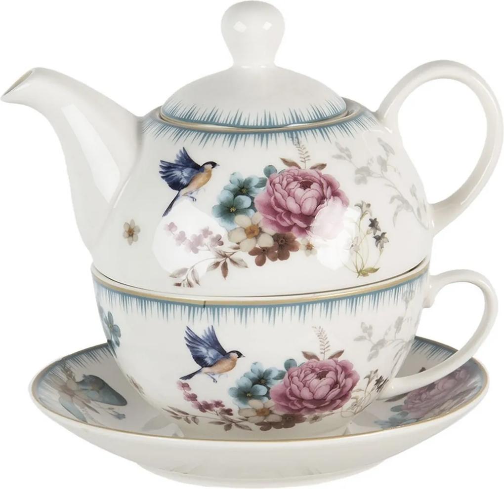 Set ceainic cu ceasca din portelan decor floral roz albastru 	Ø 16 cm x 15 cm x 15 h / 0.46 L