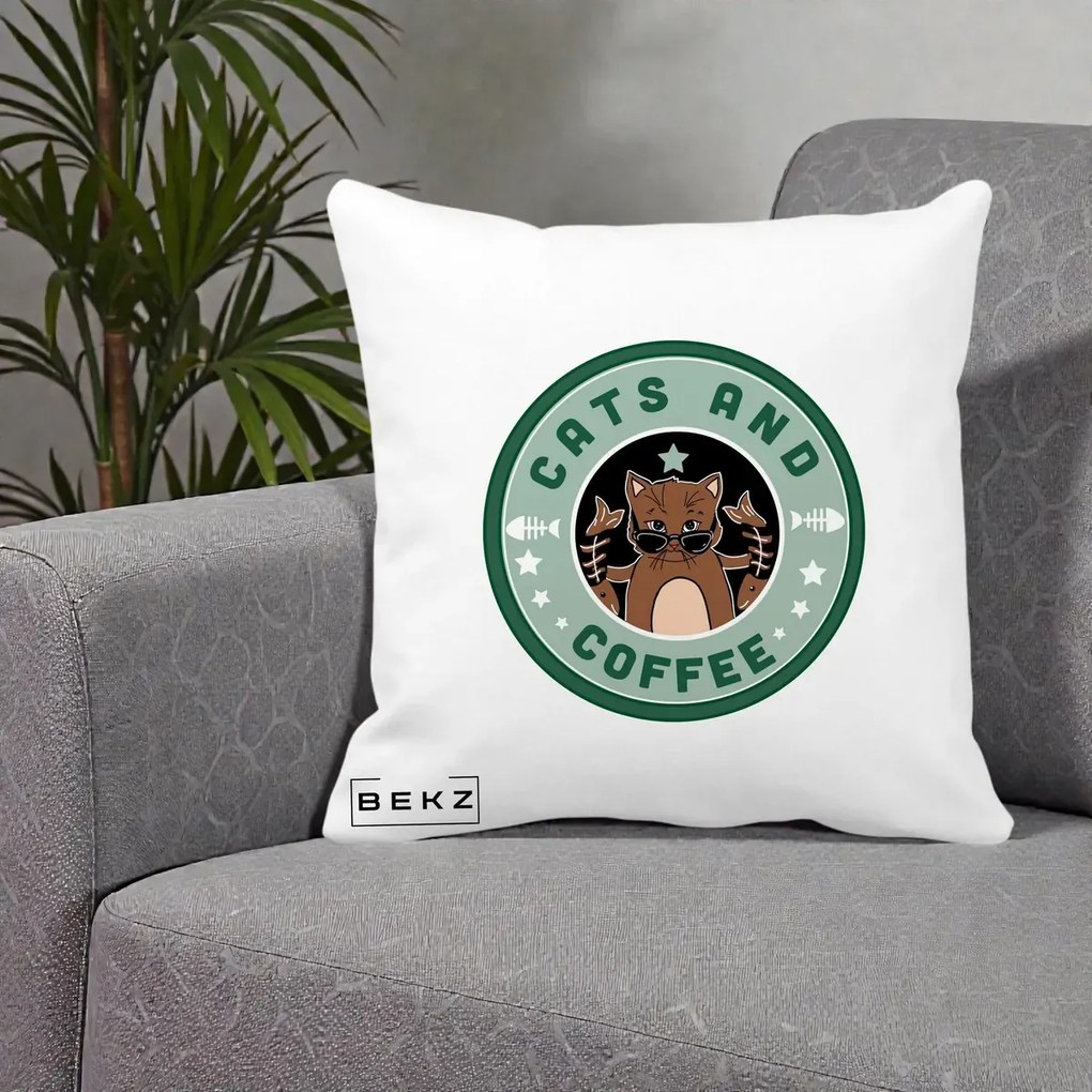 Perna Personalizata Cats and Coffee Starbucks, 40x40 cm, Alba Mata, Husa Detasabila, Perna Inclusa, BEKZ®