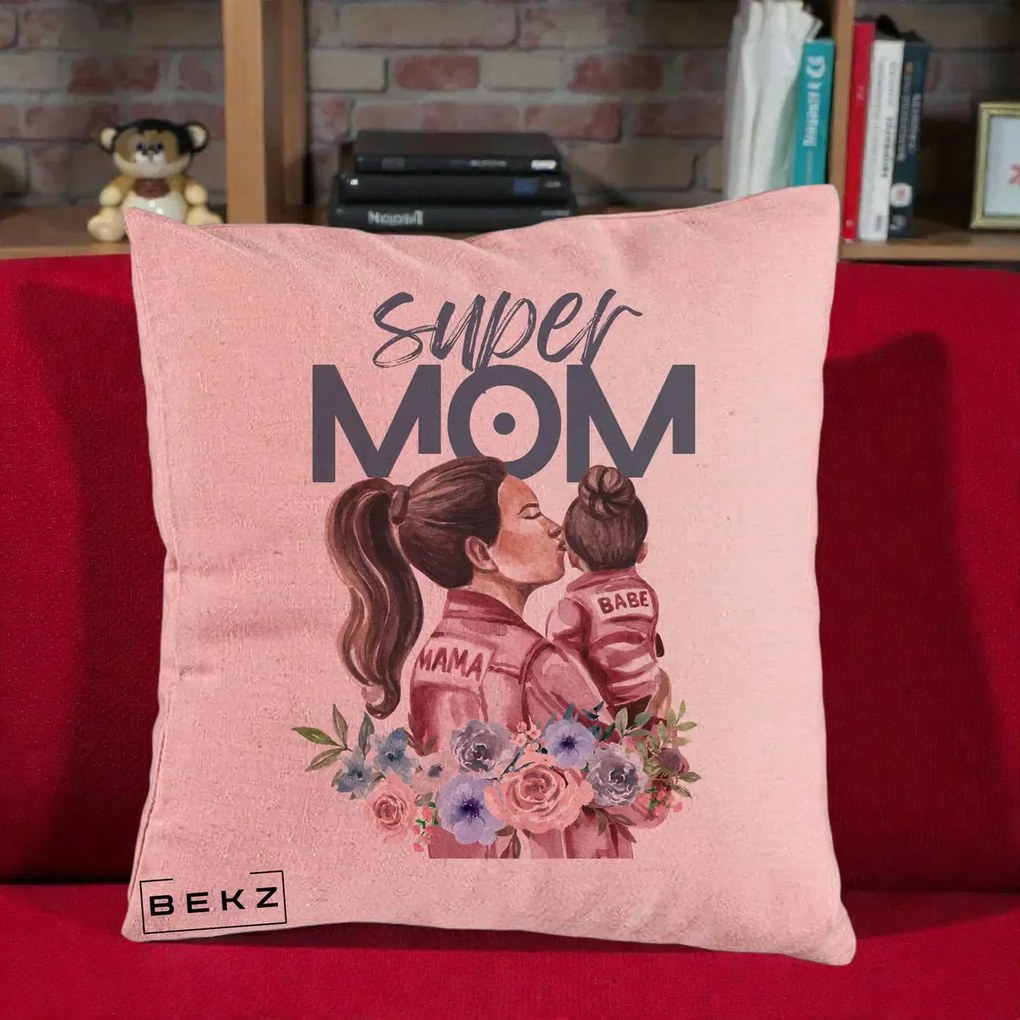 Cadou pentru Mama - Perna Personalizata Super Mom Mama cu Bebelusul, 40x40 cm, Roz, Husa Detasabila, Perna Inclusa, BEKZ®