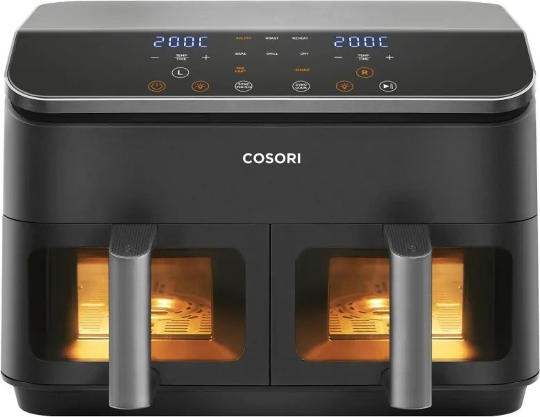 La mâna a doua: Friteuza cu aer cald Cosori Dual Basket CAF-R901-AEU, 1750 W, 8.5 L, 8 programe, Timer, Ecran tactil, Negru