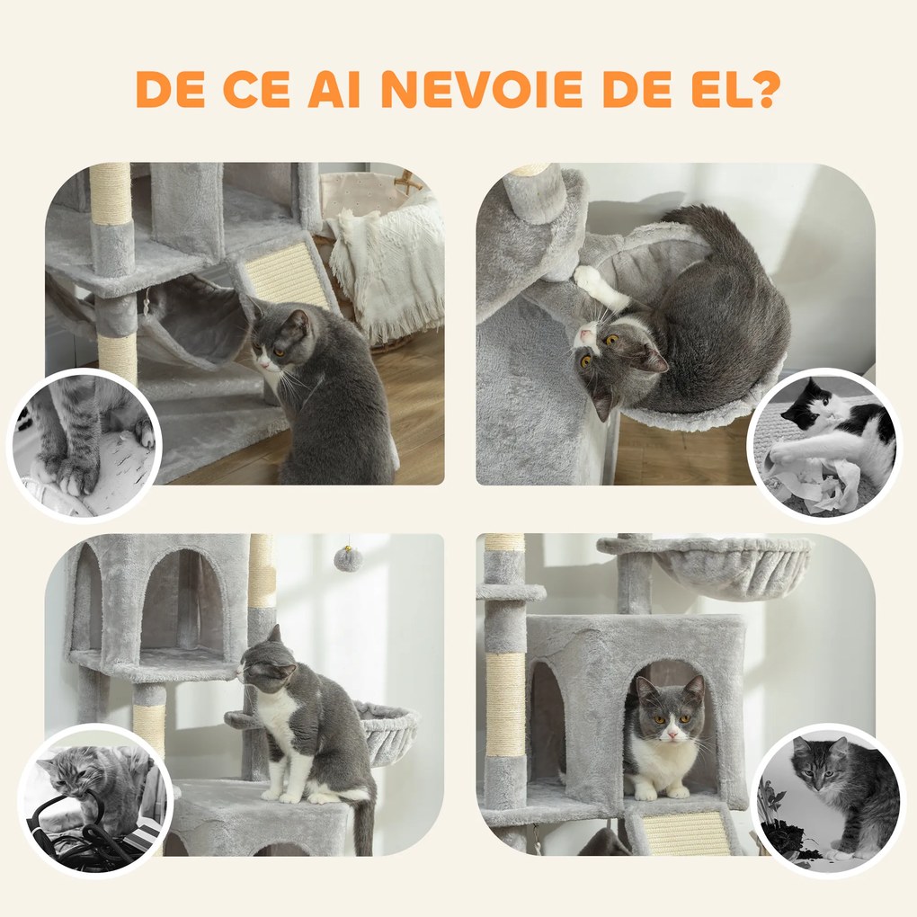 PawHut Arborele pentru Pisici cu Căsuțe, Paturi, Singhii și Mingi, Gri Deschis | Aosom Romania