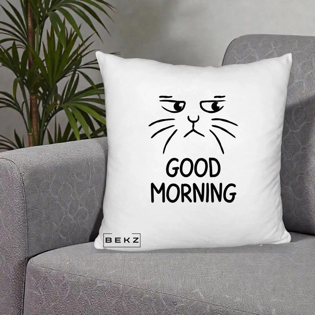Perna Decorativa Pisica Morocanoasa Good Morning, 40x40 cm, Alb Pufos, Husa Detasabila, Perna Inclusa, BEKZ®