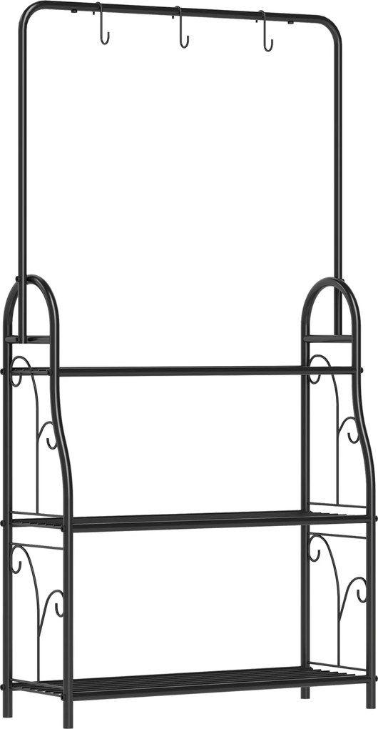 Outsunny Suport pentru Plante cu 3 Niveluri, cu Bară pentru Agățat și Cârlige, Raft Metalic pentru Ghivece și Flori, pentru Interior și Exterior, Balcon, Living, Dormitor, Negru | Aosom Romania