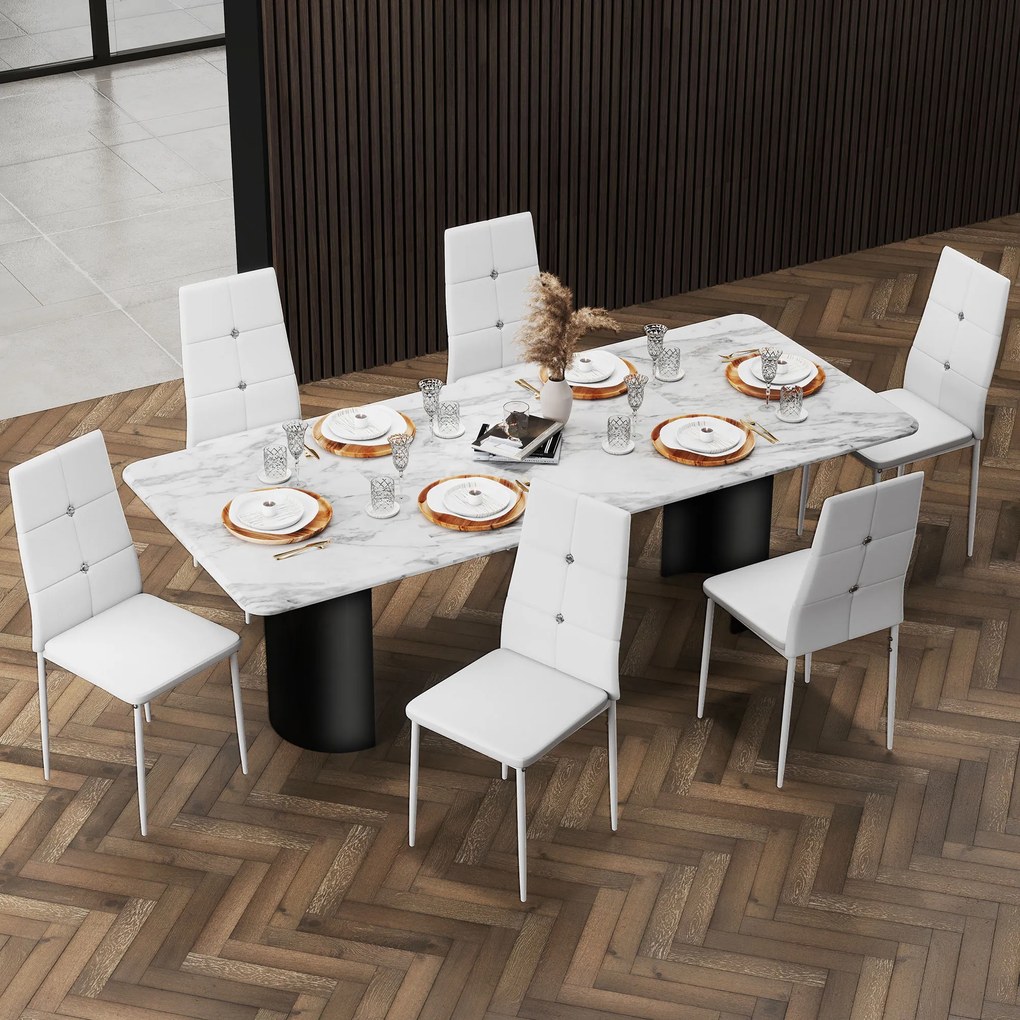 HOMCOM Set de 6 Scaune de Dining Tapizate în PU cu Spătar Înalt cu Butoane și Picioroare de Oțel Design Modern Alb | Aosom Romania