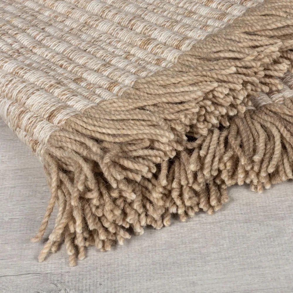 Covor bej țesut manual din amestesc de lână 160x230 cm Rene Fringed Ribbed – Flair Rugs