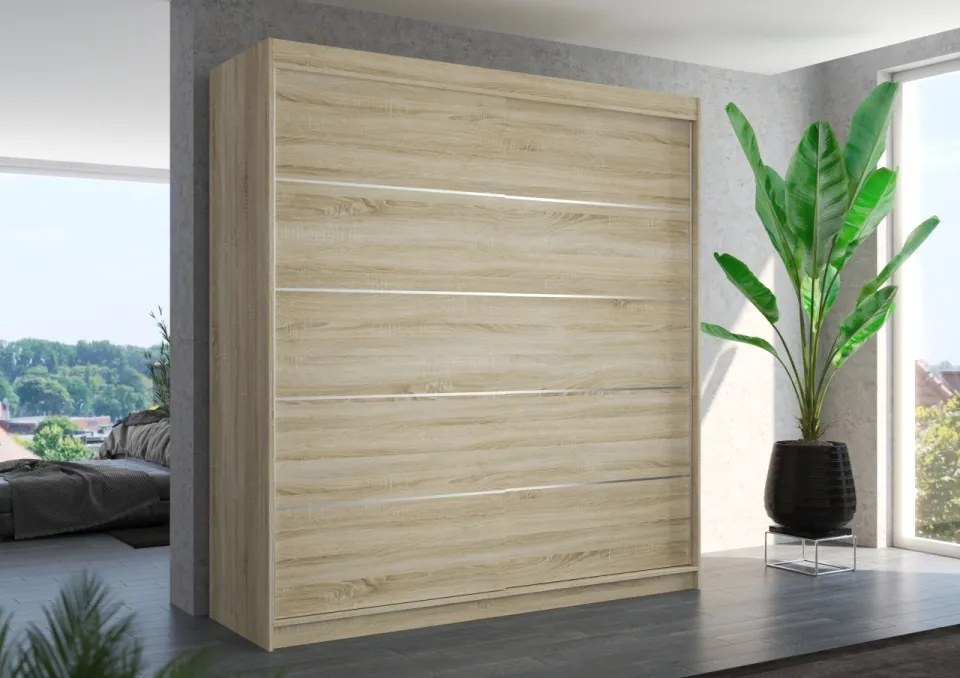 Dulap cu usi glisante Esteva 200x215 cm, 11 Rafturi + Bara pentru Umerase, ADRK Furniture (Culoare: Sonoma)