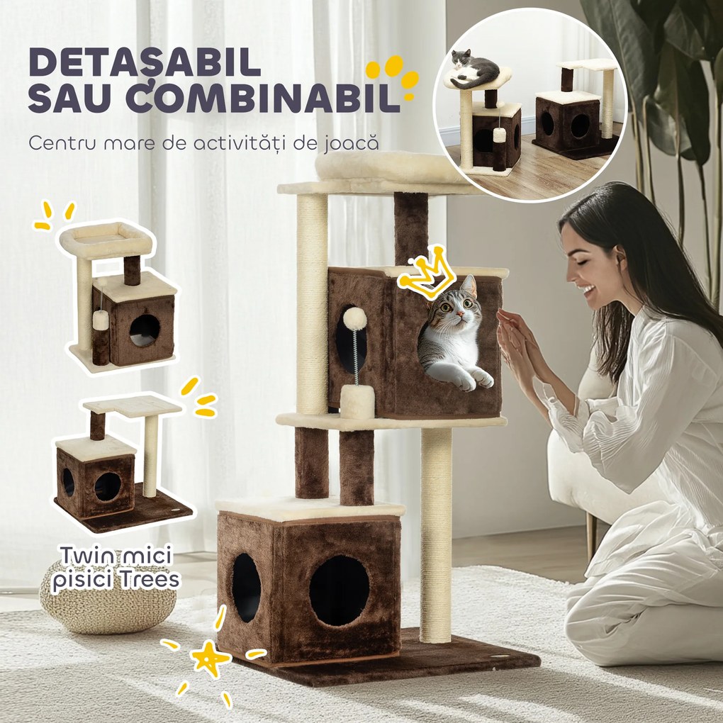 PawHut Ansamblu de Joacă pentru Pisici cu 2 Căsuțe, Pat, Platforme de Sărit și Minge de Joacă, 55x48x107 cm, Multicolor | Aosom Romania
