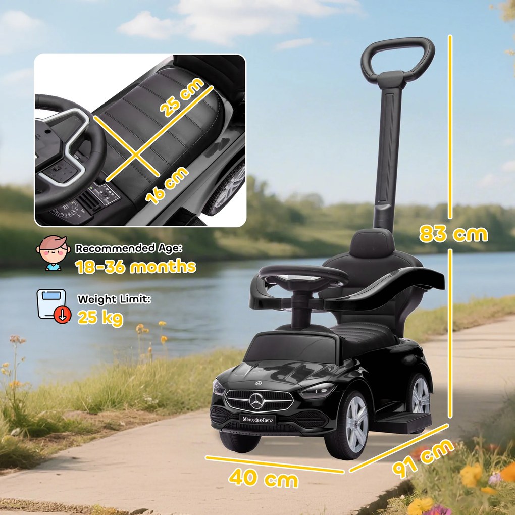 AIYAPLAY Premergător pentru copii Mercedes-Benz sub licență, mașină de împins cu mâner detașabil, 91 x 40 x 83 cm, negru | Aosom Romania