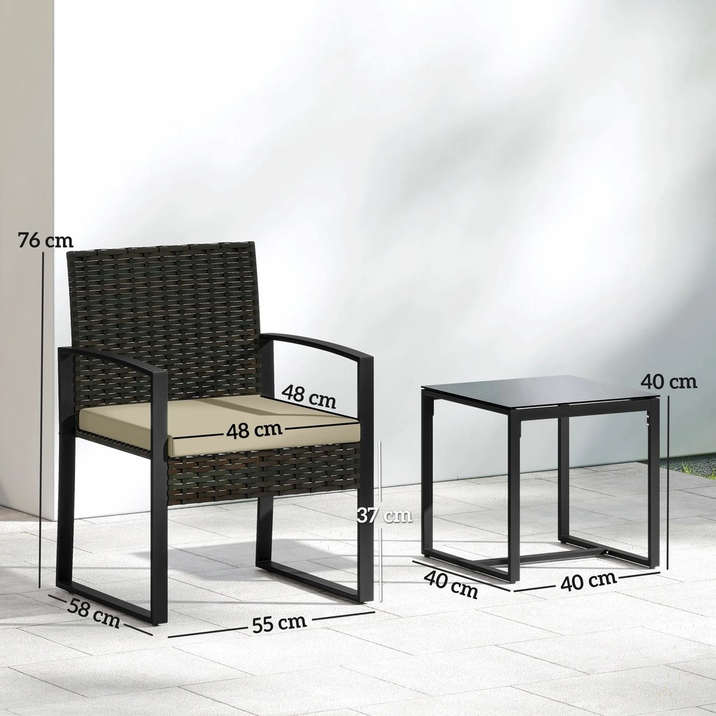 Outsunny Set de grădină din ratan PE pentru 2 persoane, masă de grădină cu 2 scaune, blat din sticlă securizată, maro | Aosom Romania