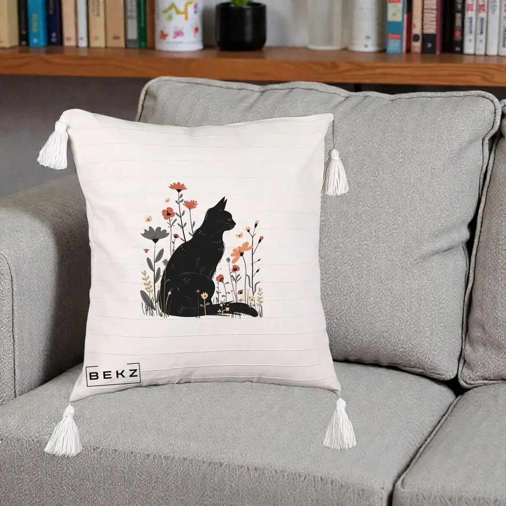 Perna Decorativa Pisica Neagra Profil Flori Portocalii, 40x40 cm, Bej cu Franjuri, Husa Detasabila, Perna Inclusa, BEKZ®