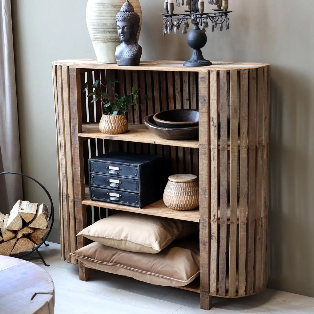 Etajeră din lemn reciclat, natur, cu 3 rafturi și laturi rotunjite din lamele, aspect rustic, 115 x 116 x 37 cm, „Grimaud”