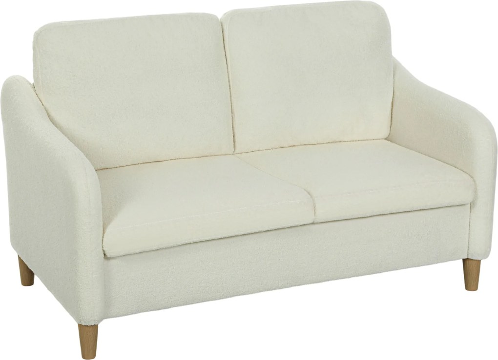 HOMCOM Divan 2 Locuri Imbottit în Sherpa cu Perne Detașabile, Picioare din Lemn de Eucalipt, Design Compact pentru Living, 137x69x82 cm, Crem | Aosom Romania