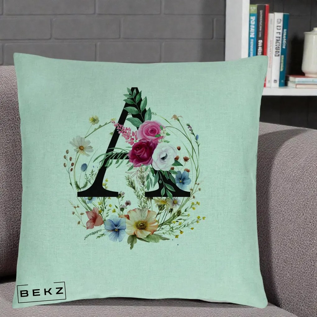 Cadou Personalizat - Perna Personalizata Monogram Litera A cu Flori Acuarela, 40x40 cm, Verde Menta, Husa Detasabila, Perna Inclusa, BEKZ®