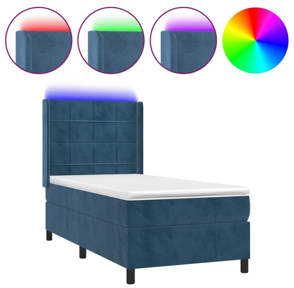 3139539 vidaXL Pat cu arcuri, saltea și LED, bleumarin, 90x190 cm, catifea