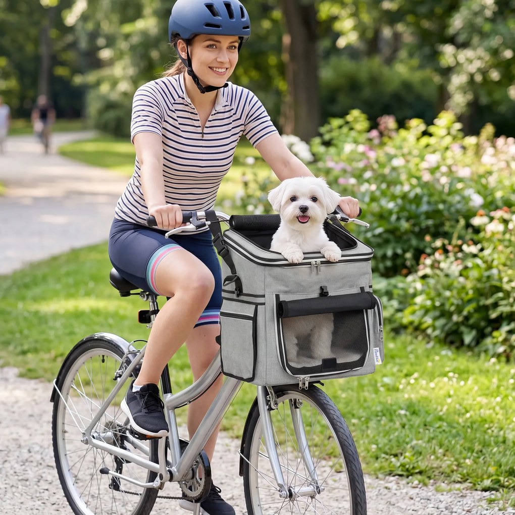 PawHut Coș Frontal pentru Bicicletă pentru Câini, cu Ferestre din Plasă, Pernă Moale și Bol, Gri Deschis | Aosom Romania