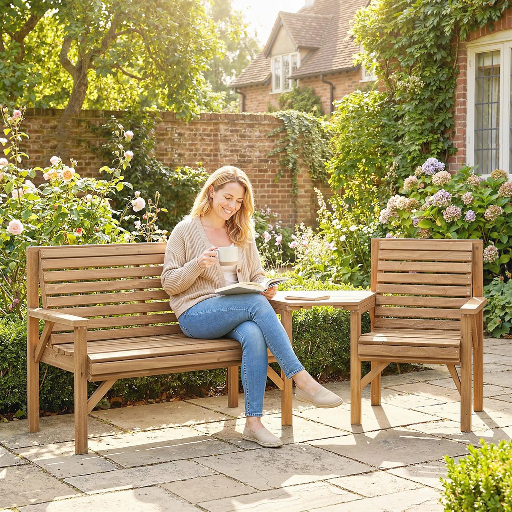 Outsunny Set 3 scaune de grădină, mobilier balcon cu orificiu pentru umbrelă, scaun de grădină, bancă, masă detașabilă 121x65x90 cm Lemn natural | Aosom Romania