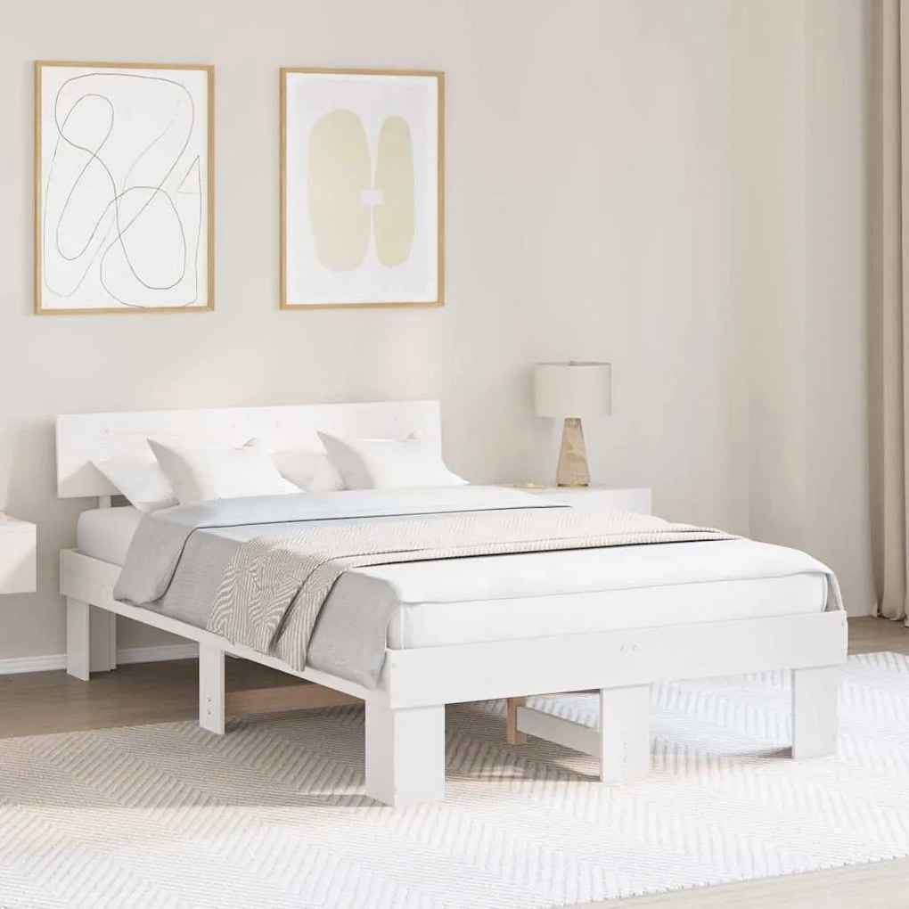 vidaXL Cadru de pat cu headboard Alb 135 x 190 cm Lemn de brad solid