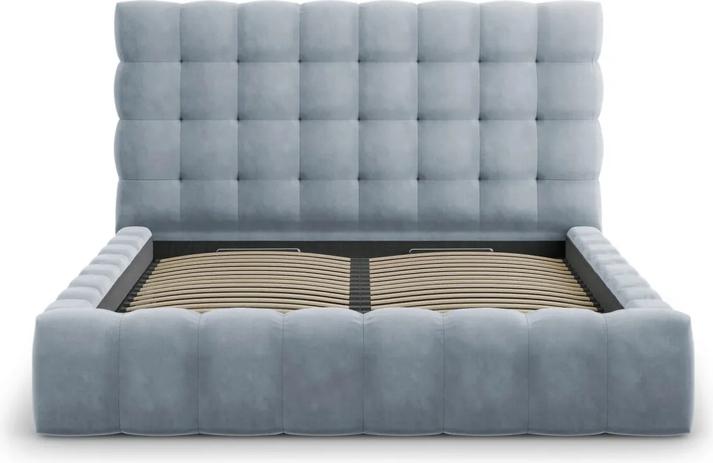 Pat tapitat cu tablie si lada depozitare, Mamaia, Micadoni Home, BL, 180x200 cm, catifea, albastru deschis