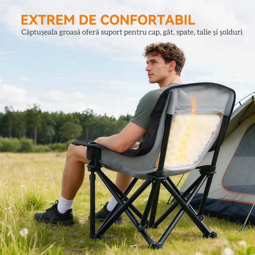 Outsunny Scaun de Camping Pliabil cu 2 Suporturi pentru Pahare și Buzunare Laterale, 99x71x103 cm, Gri | Aosom Romania