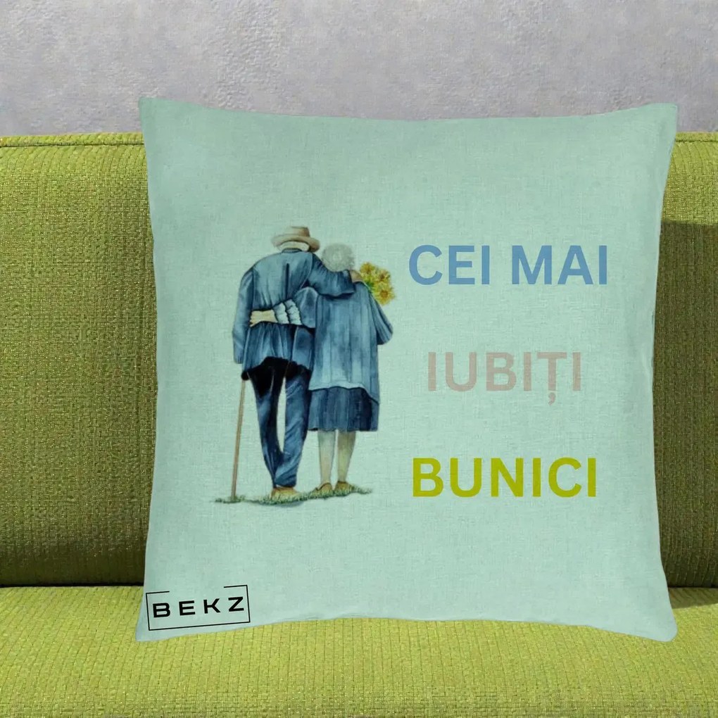 Cadou pentru Bunici - Perna Personalizata Cei Mai Iubiti Bunici Acuarela Spate, 40x40 cm, Verde Menta, Husa Detasabila, Perna Inclusa, BEKZ®