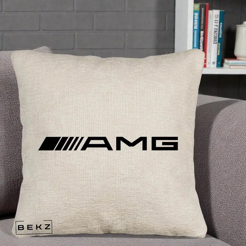 Perna Personalizata cu emblema Mercedes-AMG, 40x40 cm, Bej Canapea, Husa Detasabila, Perna Inclusa, BEKZ®