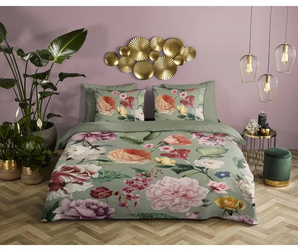 Lenjerie de pat verde din bumbac satinat pentru pat de o persoană, extinsă 140x220 cm Fiori – Descanso