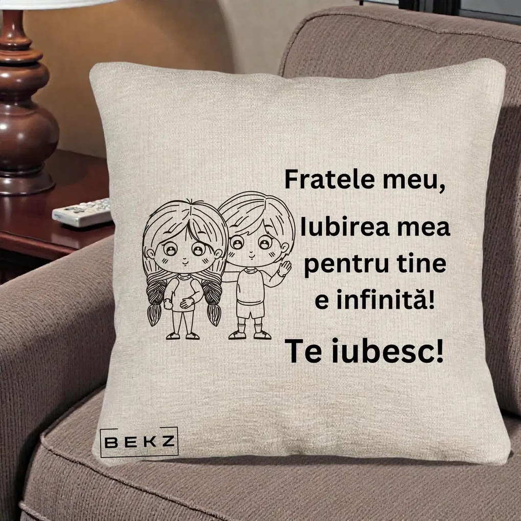 Cadou pentru Frate - Perna Personalizata Fratele Meu Te Iubesc Copii Anime Line Art Negru, 40x40 cm, Bej Canapea, Husa Detasabila, Perna Inclusa, BEKZ®