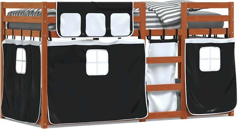 vidaXL Pat supraetajat de copii perdele, alb/negru, 80x200 cm lemn pin