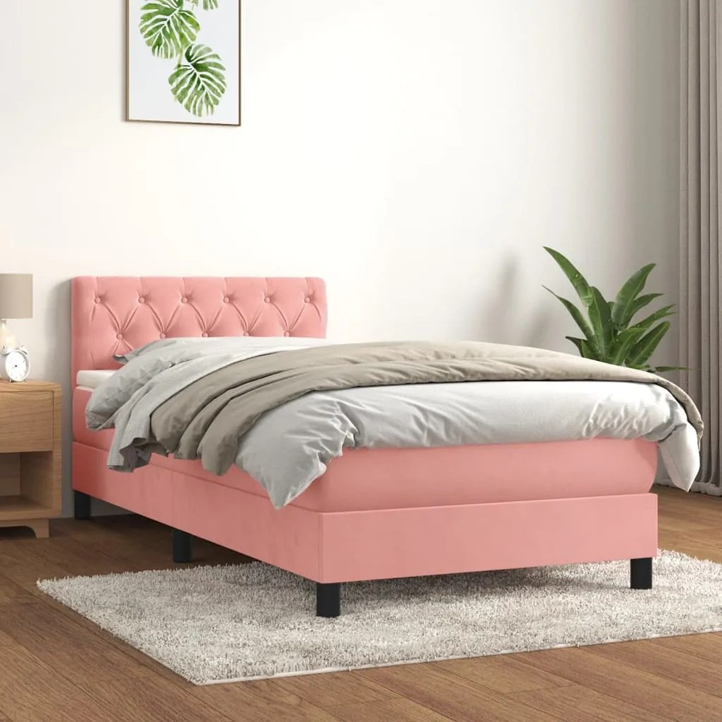 vidaXL Pat box spring cu saltea, roz, 80x200 cm, catifea