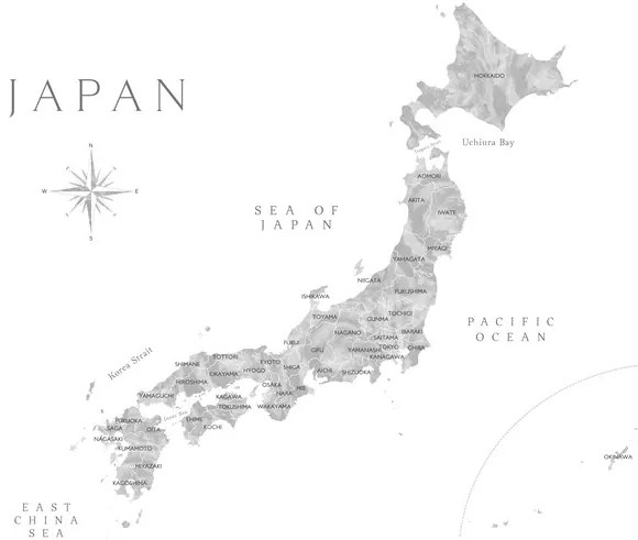 Harta Map of Japan in gray watercolor, Blursbyai