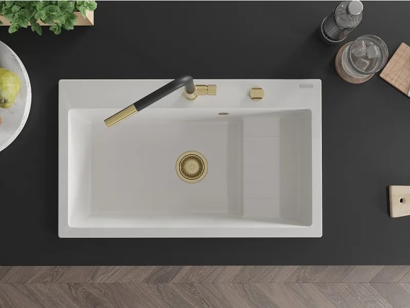 Mexen Omar chiuvetă de granit cu 1 compartiment 800 x 480 mm, alb, sifon auriu - 6520801005-20-G