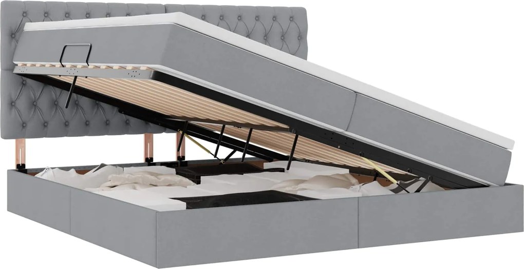 vidaXL Pat cu saltea și LED cu led Gri deschis 200 x 200 cm Poliester