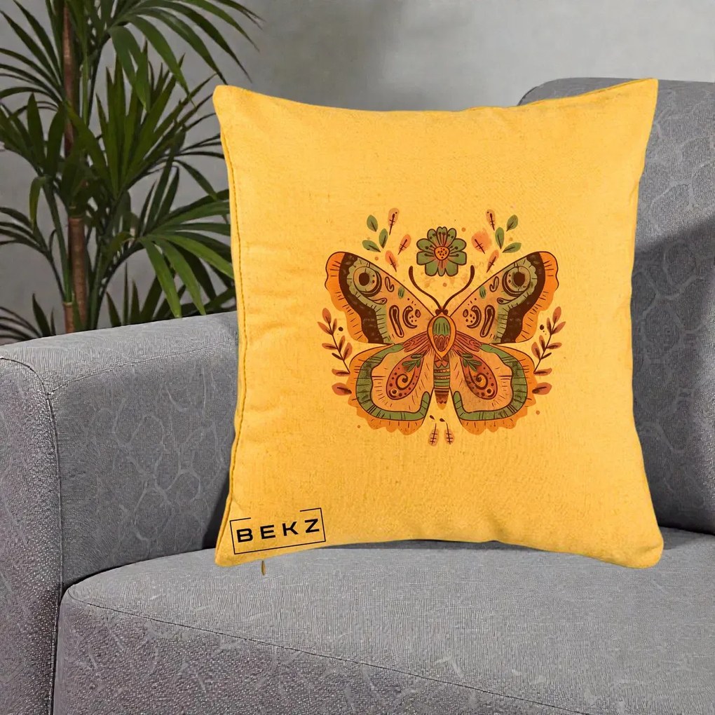 Perna Decorativa Fluture Boho Floral, 40x40 cm, Galben, Husa Detasabila, Perna Inclusa, BEKZ®