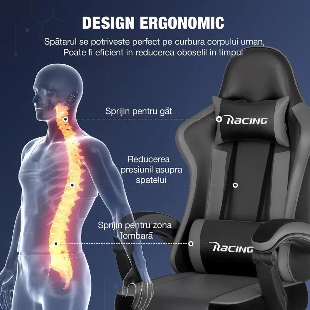 Scaun gaming, Masaj în perna lombară, Suport picioare, Rabatabil 90-165°, piele PU, Negru/Gri