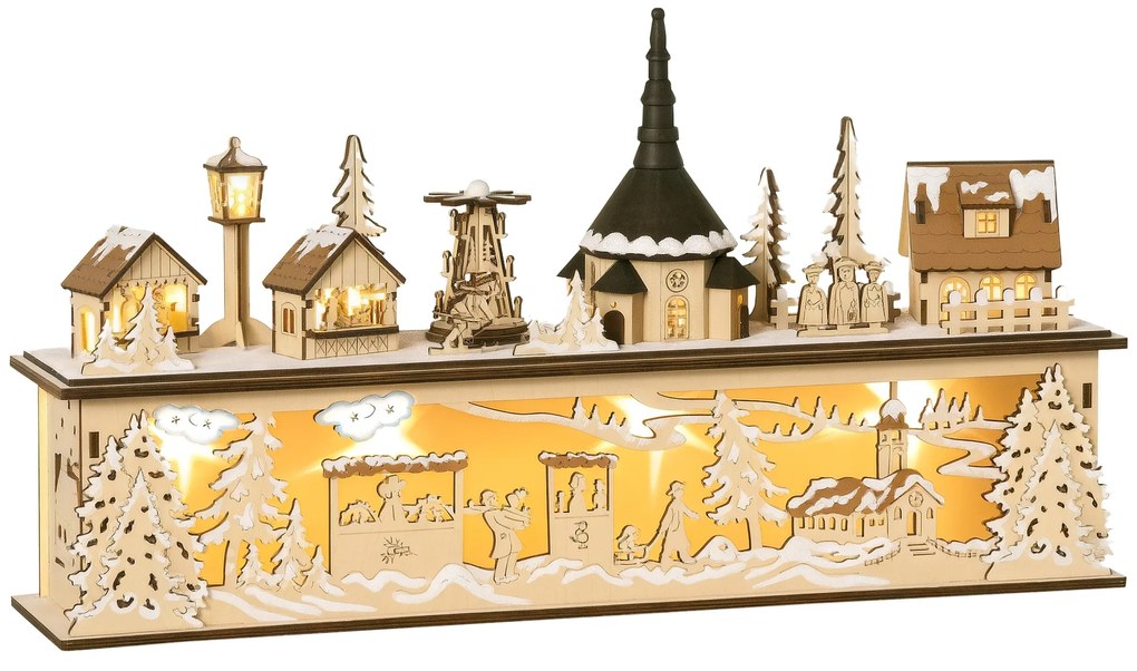 HOMCOM Decorațiune de Crăciun, sat de Crăciun, 10 LED-uri, lumină alb-cald, 45 x 10 x 25 cm, decor din lemn | Aosom Romania