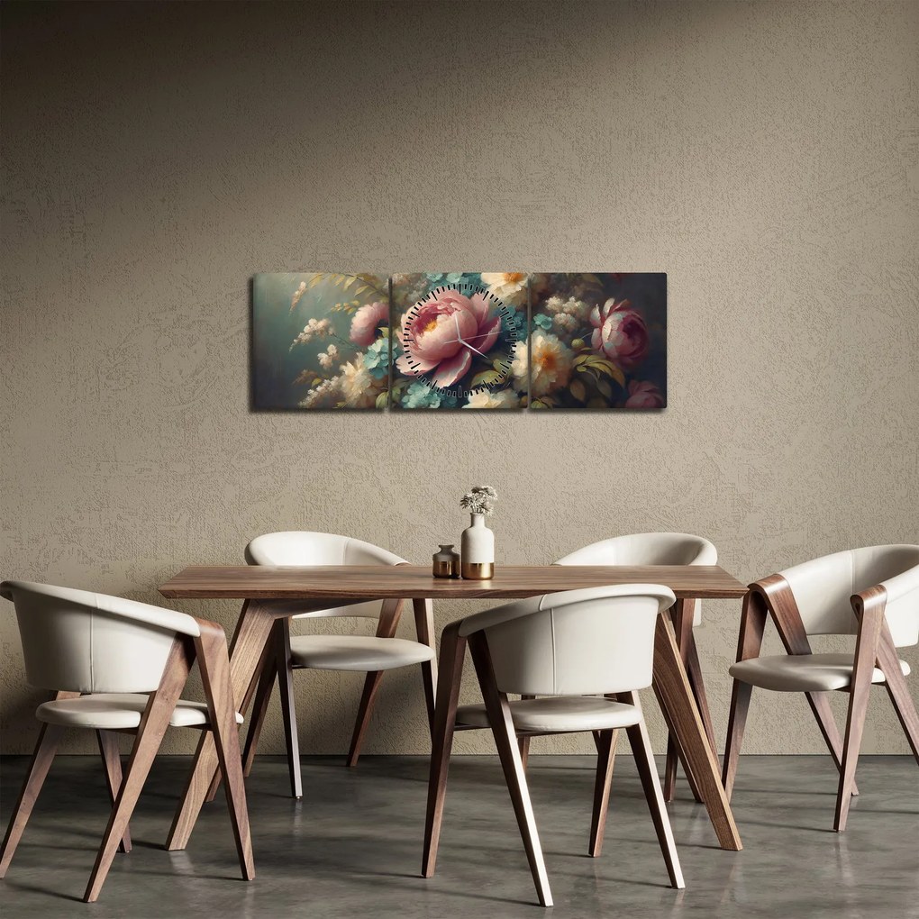 Tablou - Natură moartă cu flori - pictură (cu ceas) (90x30 cm)