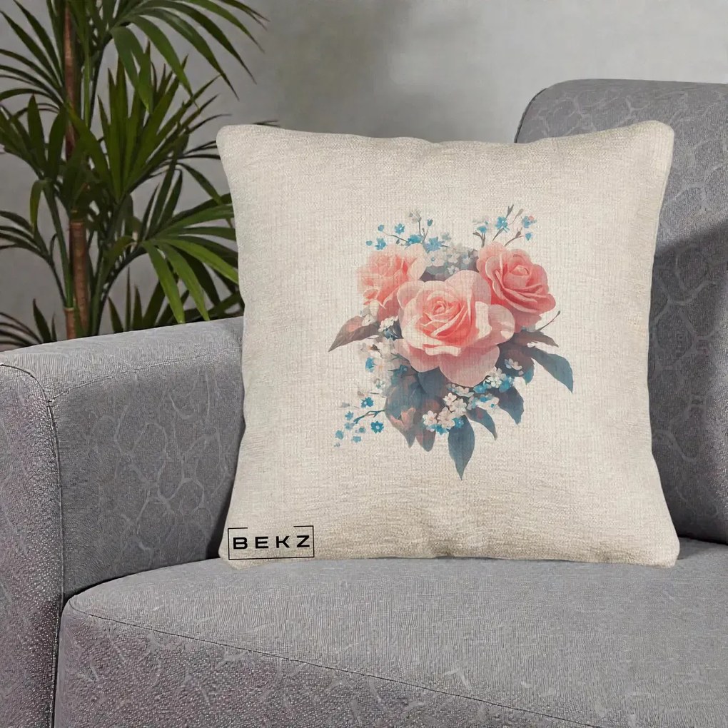 Perna Decorativa Trandafiri Roz cu Floricele Albastre, 40x40 cm, Bej Canapea, Husa Detasabila, Perna Inclusa, BEKZ®