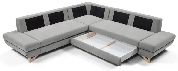 Colțar extensibil AVESTA, tapițat, cu spațiu de depozitare, în formă de L, gri