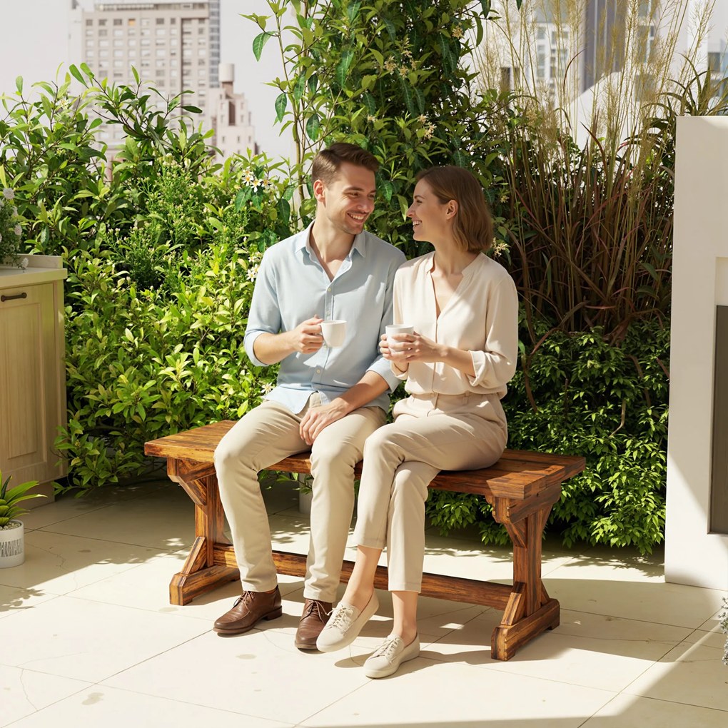 Outsunny Bancă de Grădină cu 2 Locuri din Lemn de Brad cu Bază în Formă de X, Bancă Rustică pentru Exterior Fără Spătar, pentru Patio, Verandă, Balcon, 114L x 40l x 46h cm, Finisaj Carbonizat | Aosom Romania