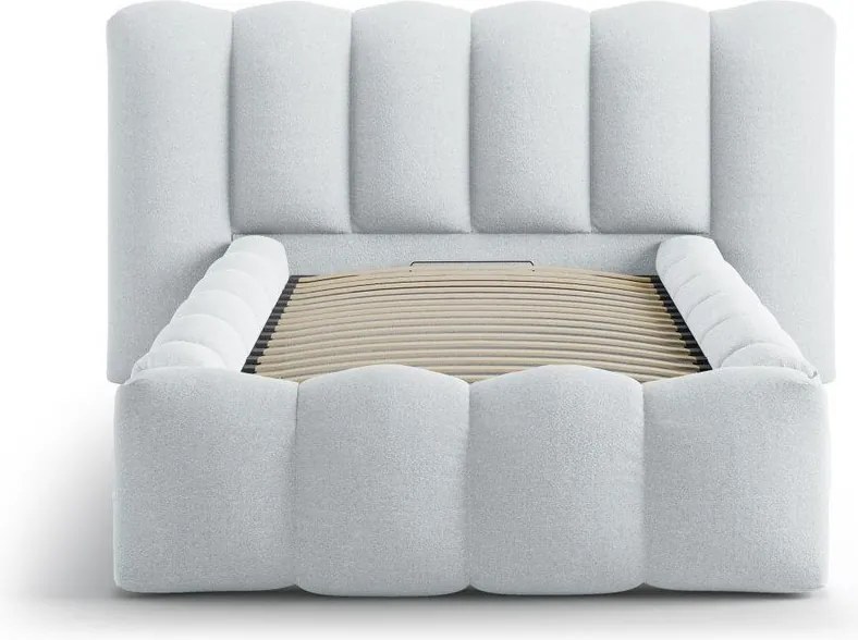 Pat gri deschis tapițat cu spațiu de depozitare cu somieră 90x200 cm Lupine – Micadoni