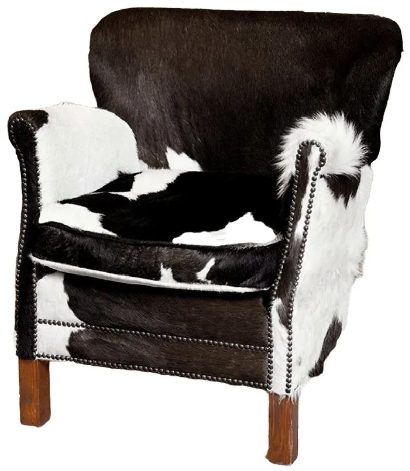 Fotoliu clasic din piele naturală de vacă cu picioare din lemn de stejar, „Cowhide Turner”