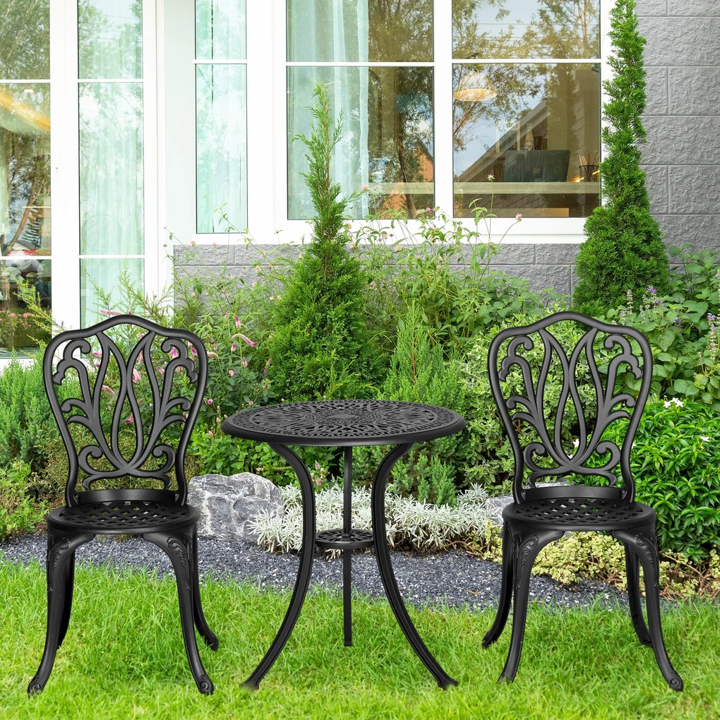 Outsunny Set de mobilier de grădină 2 locuri, 2 scaune și Masă rotundă stil retro din fontă de aluminiu, negru | Aosom Romania