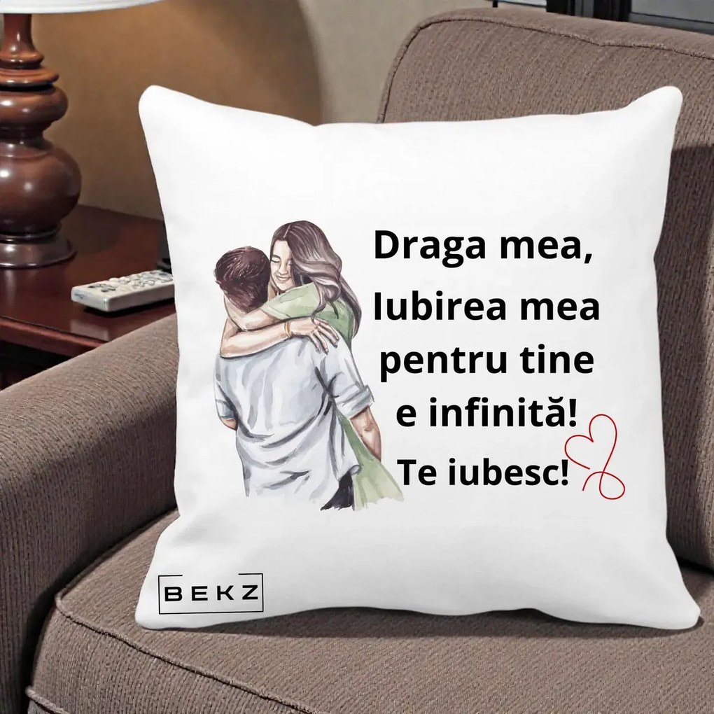 Cadou pentru Iubita - Perna Personalizata Draga Mea Iubirea Mea Infinita Te Iubesc cu Cuplu Acuarela, 40x40 cm, Alba Mata, Husa Detasabila, Perna Inclusa, BEKZ®