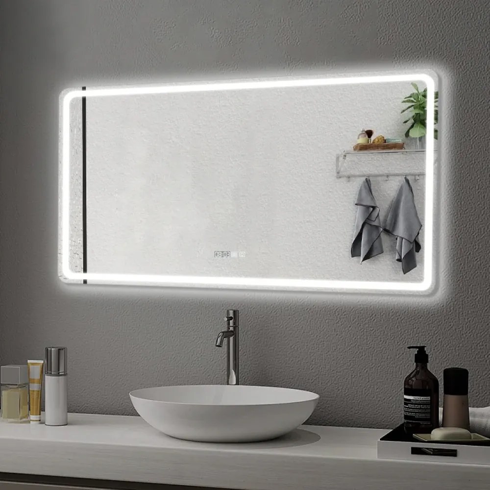 Oglindă baie, Multifuncțională, Iluminare LED Touch, Sistem Dezaburire, Ceas electronic încorporat, Indicator Temperatura, 120x60 cm