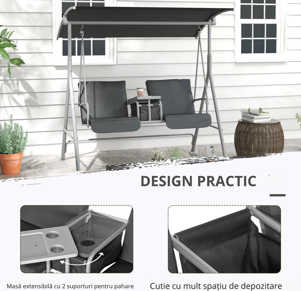 Outsunny Balansoar Exterior cu Măsuță de Cafea și Suport Central pentru Pahare, Leagăn cu 2 Locuri și Acoperiș, 175x112x158 cm, Gri | Aosom Romania