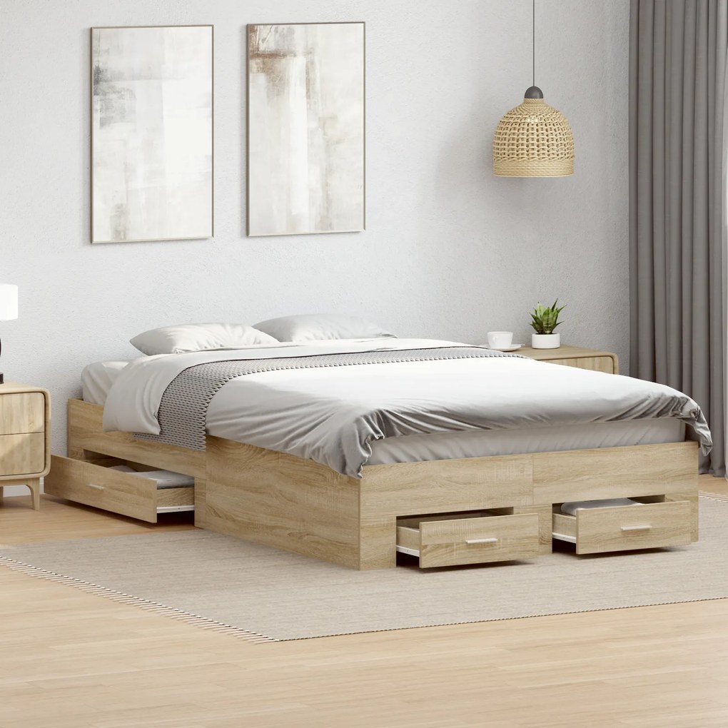vidaXL Cadru de pat cu sertare Stejar deschis 120x190 cm Lemn compozit
