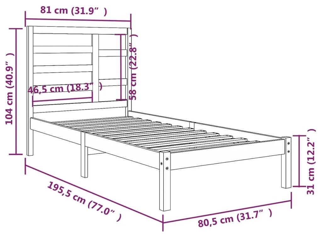 Cadru de pat Small Single 2FT6, 75x190 cm, lemn masiv Maro, 75 x 190 cm