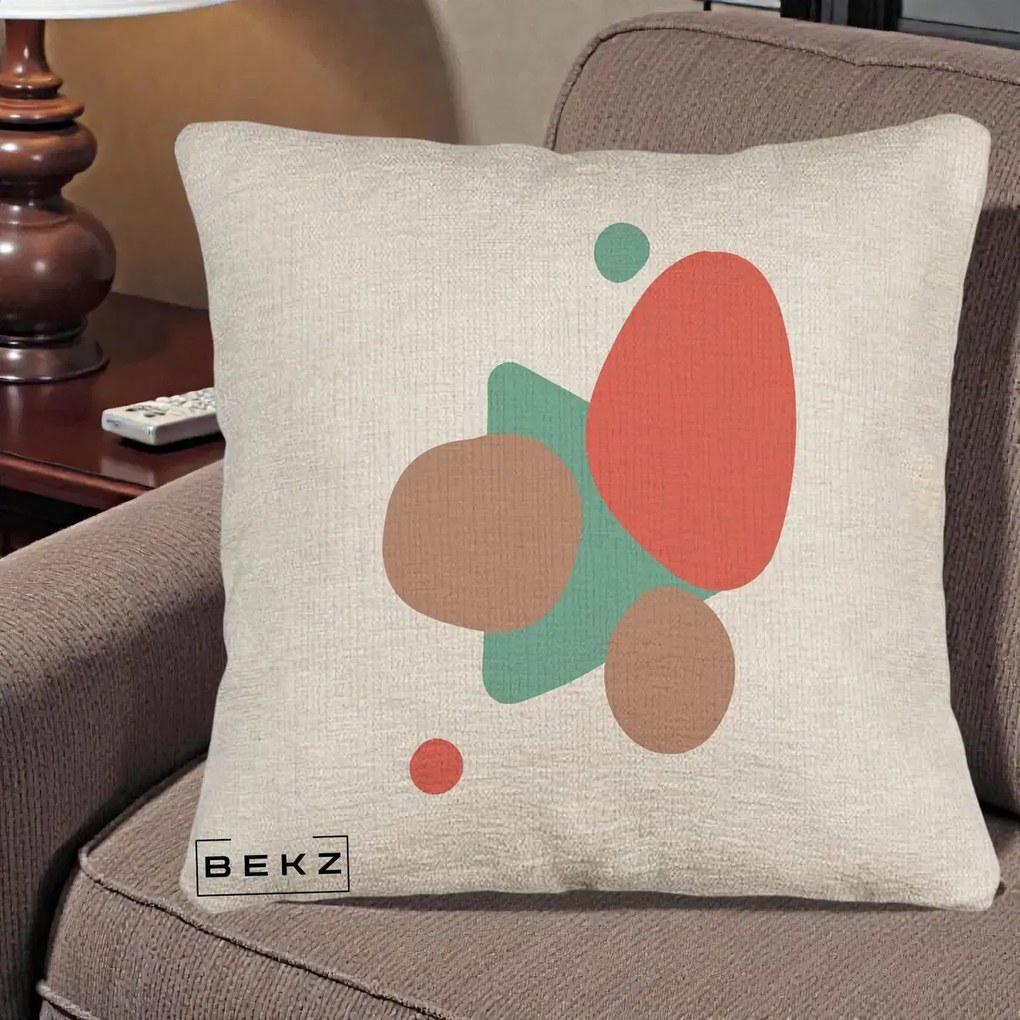 Perna Decorativa Abstract Forme Coral Turcoaz, 40x40 cm, Bej Canapea, Husa Detasabila, Perna Inclusa, BEKZ®