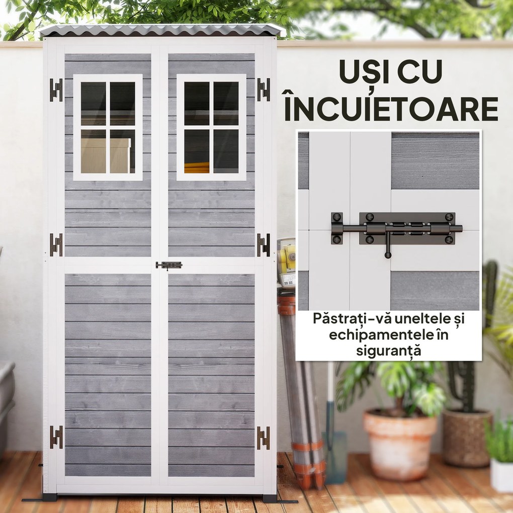 Outsunny Magazie pentru Unelte de Grădină din Lemn de Brad cu 2 Ferestre și Rafturi Reglabile, 91x69x192cm, Gri Deschis | Aosom Romania